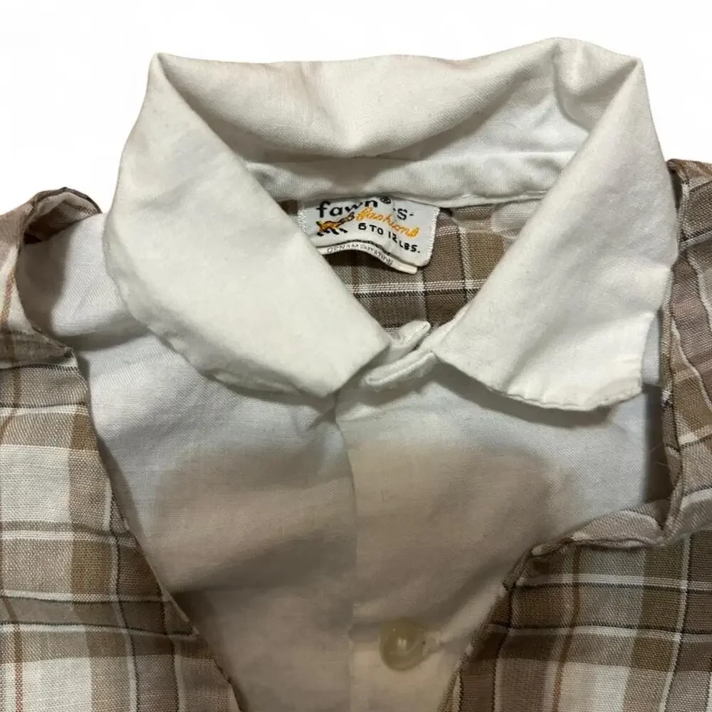 Vintage 60s newborn baby boy set button up shirt plaid vest and diaper cover
